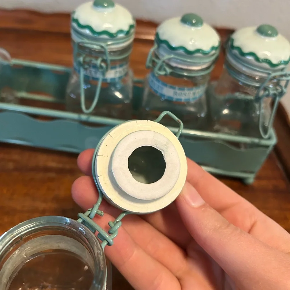 Vintage Aqua Ceramic-Top Spice Jar Set with Carrier
